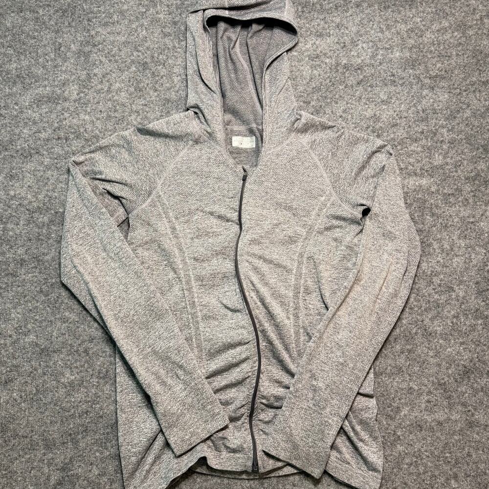 Athleta Gray Hooded‎ Zip Jacket Women’s Large Ruched Sides Thumbholes